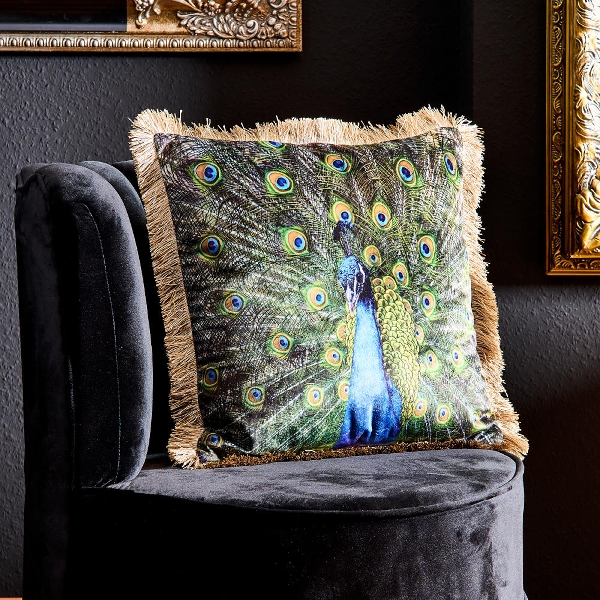Kissen mit Fransenrand, Pfau Motiv