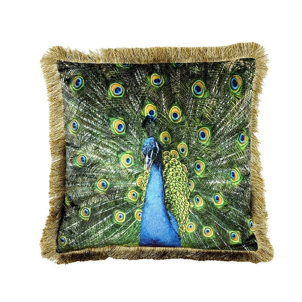 Kissen mit Fransenrand, Pfau Motiv
