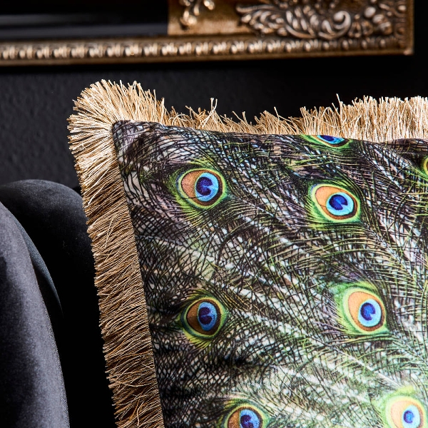 Kissen mit Fransenrand, Pfau Motiv